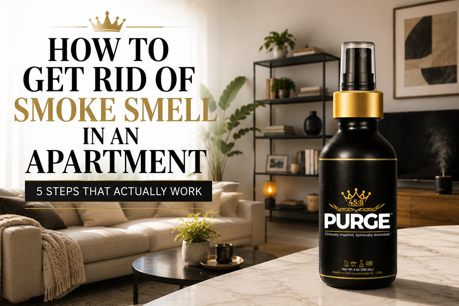 PURGE 45:8 odor eliminator spray in an apartment setting — smoke odor reset
