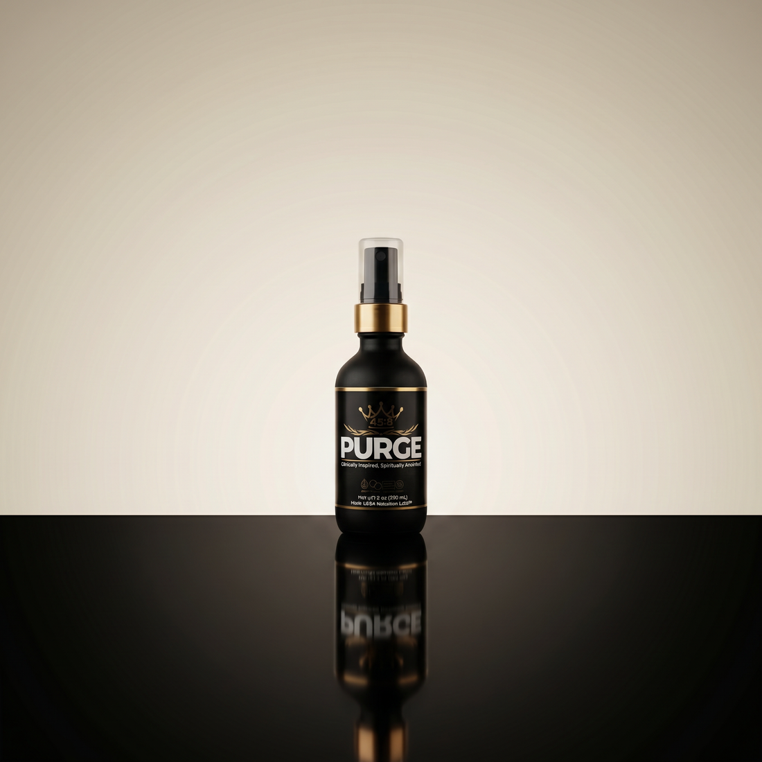 PURGE™ Molecular Odor Elimination Spray on reflective black surface