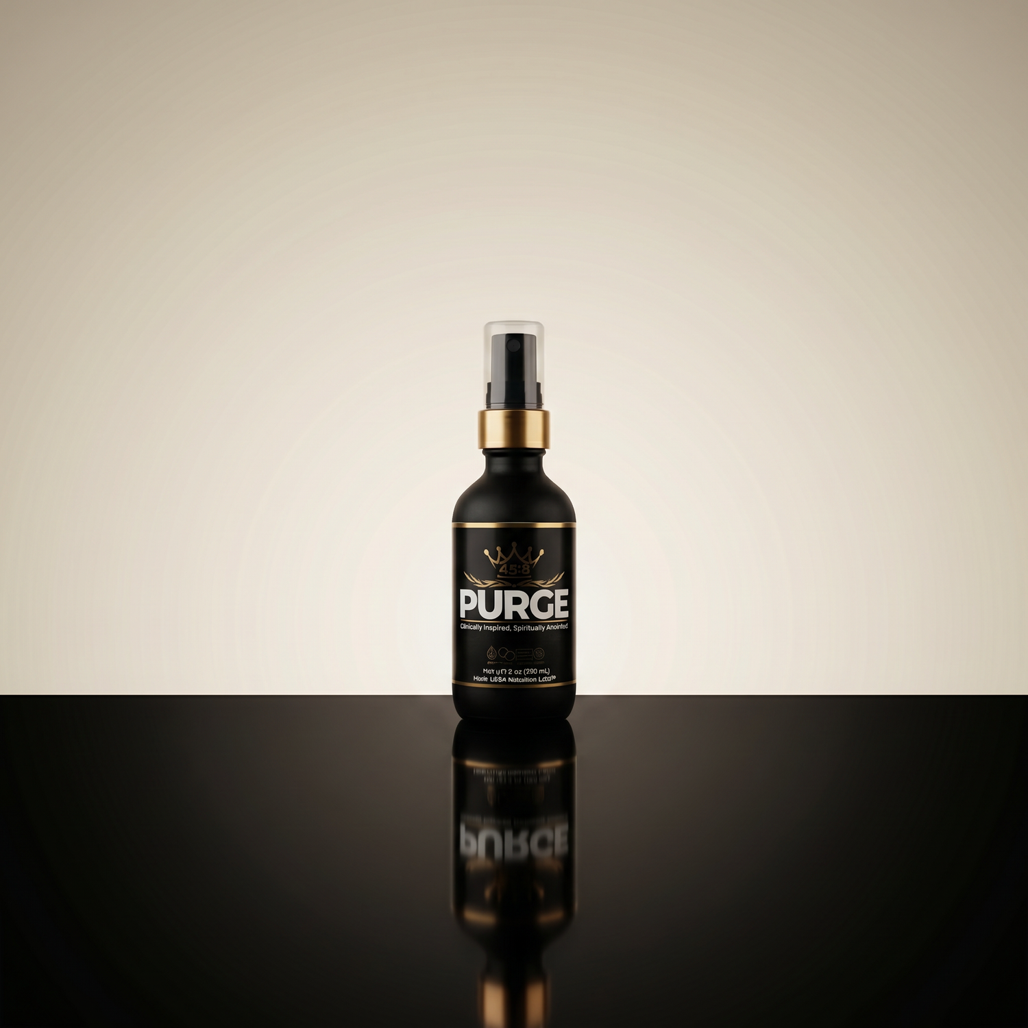 PURGE™ Molecular Odor Elimination Spray on reflective black surface